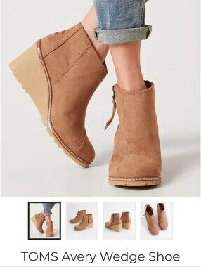 TOMS Avery Suede Wedge Ankle Boot in Toffee/ Chestnut Size 8 Zip Side